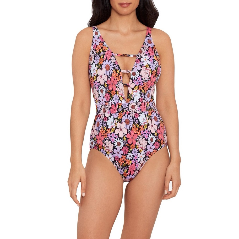 Time and Tru Floral One Piece‎ Swimsuit - Pink, Purple, Orange, Black